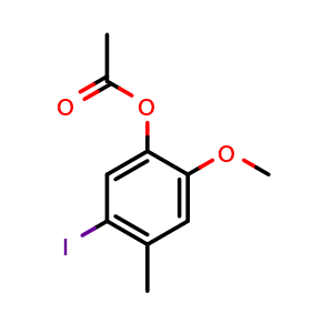 Chemical structure of 5-iodo-2-methoxy-4-methylphenyl acetate , CAS 2969479-65-8, AChemBlock AD292985