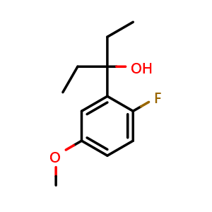 Chemical structure of 3-(2-fluoro-5-methoxyphenyl)pentan-3-ol , CAS 2969470-11-7, AChemBlock AD293001