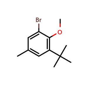Chemical structure of 1-bromo-3-(tert-butyl)-2-methoxy-5-methylbenzene , CAS 117439-55-1, AChemBlock AD293018