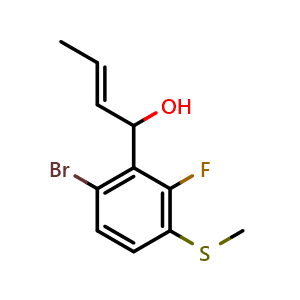 Chemical structure of (E)-1-(6-bromo-2-fluoro-3-(methylthio)phenyl)but-2-en-1-ol , CAS 2921912-92-5, AChemBlock AD293047