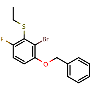 Chemical structure of (3-(benzyloxy)-2-bromo-6-fluorophenyl)(ethyl)sulfane , CAS 2921742-55-2, AChemBlock AD293057