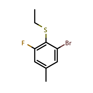 Chemical structure of (2-bromo-6-fluoro-4-methylphenyl)(ethyl)sulfane , CAS 2921897-85-8, AChemBlock AD293059
