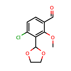 Chemical structure of 4-chloro-3-(1,3-dioxolan-2-yl)-2-methoxybenzaldehyde , CAS 2921719-02-8, AChemBlock AD293163