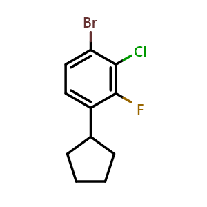 Chemical structure of 1-bromo-2-chloro-4-cyclopentyl-3-fluorobenzene , CAS 2921883-54-5, AChemBlock AD293189