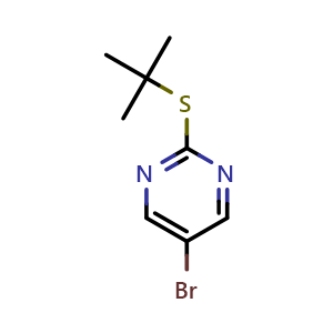 Chemical structure of 5-bromo-2-(tert-butylthio)pyrimidine , CAS 1342410-66-5, AChemBlock AD293201