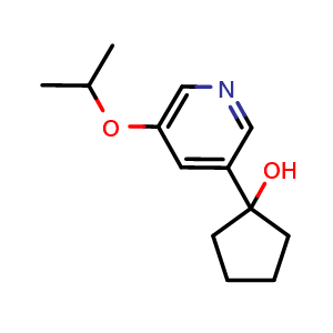 Chemical structure of 1-[5-(1-Methylethoxy)-3-pyridinyl]cyclopentanol , CAS 1547523-77-2, AChemBlock AD293290