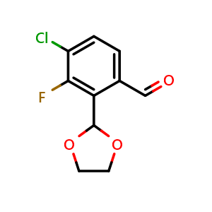 Chemical structure of 4-chloro-2-(1,3-dioxolan-2-yl)-3-fluorobenzaldehyde , CAS 2921797-79-5, AChemBlock AD293306