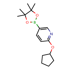 Chemical structure of 2-(cyclopentyloxy)-5-(4,4,5,5-tetramethyl-1,3,2-dioxaborolan-2-yl)pyridine , CAS 1432572-05-8, AChemBlock AD293334