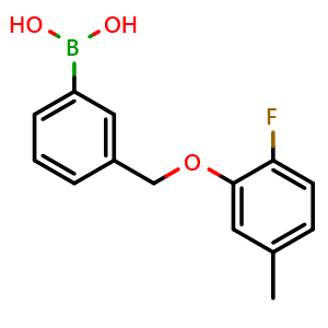 Chemical structure of B-[3-[(2-Fluoro-5-methylphenoxy)methyl]phenyl]boronic acid , CAS 2246739-50-2, AChemBlock AD293375
