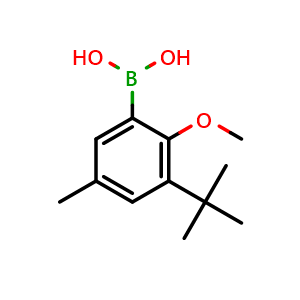 Chemical structure of B-[3-(1,1-Dimethylethyl)-2-methoxy-5-methylphenyl]boronic acid , CAS 2761323-64-0, AChemBlock AD293379
