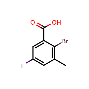 Chemical structure of 2-Bromo-5-iodo-3-methylbenzoic acid , CAS 1022983-52-3, AChemBlock AD293385