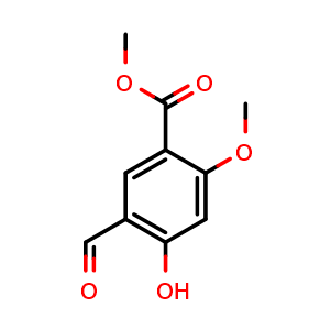 Chemical structure of methyl 5-formyl-4-hydroxy-2-methoxybenzoate , CAS 1888790-47-3, AChemBlock AD293410