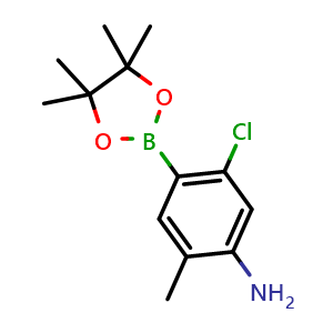Chemical structure of 5-Chloro-2-methyl-4-(4,4,5,5-tetramethyl-1,3,2-dioxaborolan-2-yl)benzenamine , CAS 877161-36-9, AChemBlock AD293430