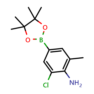 Chemical structure of 2-Chloro-6-methyl-4-(4,4,5,5-tetramethyl-1,3,2-dioxaborolan-2-yl)benzenamine , CAS 2407075-88-9, AChemBlock AD293432