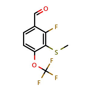 Chemical structure of 2-Fluoro-3-(methylthio)-4-(trifluoromethoxy)benzaldehyde , CAS 2167979-48-6, AChemBlock AD293486