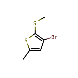 Chemical structure of 3-Bromo-5-methyl-2-(methylthio)thiophene , CAS 61074-67-7, AChemBlock AD293495