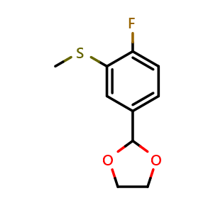 Chemical structure of 2-(4-fluoro-3-(methylthio)phenyl)-1,3-dioxolane , CAS 2921742-11-0, AChemBlock AD293501