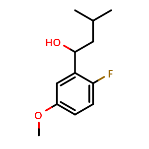 Chemical structure of 1-(2-fluoro-5-methoxyphenyl)-3-methylbutan-1-ol , CAS 1557590-74-5, AChemBlock AD293511