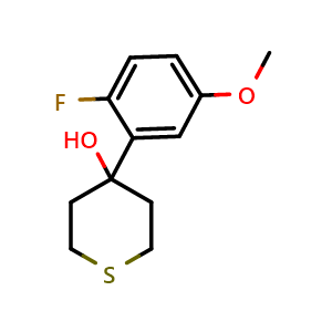 Chemical structure of 4-(2-fluoro-5-methoxyphenyl)tetrahydro-2H-thiopyran-4-ol , CAS 2969329-51-7, AChemBlock AD293512