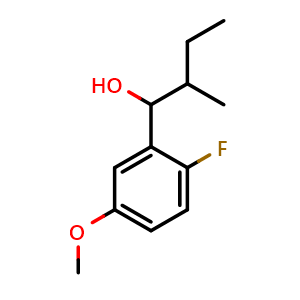 Chemical structure of 1-(2-fluoro-5-methoxyphenyl)-2-methylbutan-1-ol , CAS 2969432-21-9, AChemBlock AD293514
