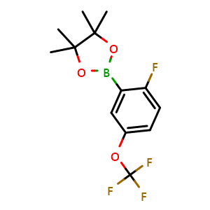 Chemical structure of 2-[2-Fluoro-5-(trifluoromethoxy)phenyl]-4,4,5,5-tetramethyl-1,3,2-dioxaborolane , CAS 1803321-10-9, AChemBlock AD293522