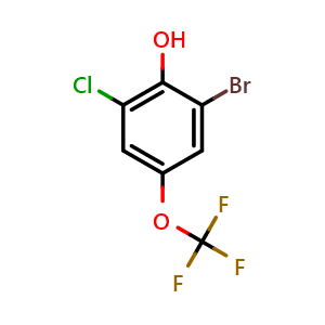 Chemical structure of 2-Bromo-6-chloro-4-(trifluoromethoxy)phenol , CAS 1022250-64-1, AChemBlock AD293557