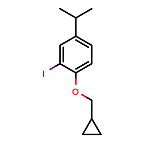 Chemical structure of 1-(Cyclopropylmethoxy)-2-iodo-4-(1-methylethyl)benzene , CAS 1369812-38-3, AChemBlock AD293602