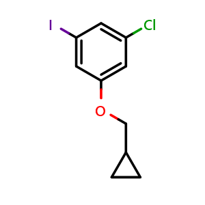 Chemical structure of 1-Chloro-3-(cyclopropylmethoxy)-5-iodobenzene , CAS 1369774-40-2, AChemBlock AD293609