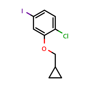 Chemical structure of 1-Chloro-2-(cyclopropylmethoxy)-4-iodobenzene , CAS 1369902-41-9, AChemBlock AD293614