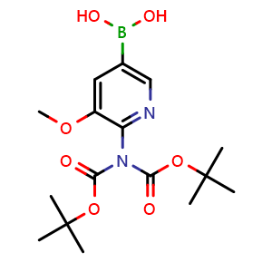Chemical structure of 1,3-Bis(1,1-dimethylethyl) 2-(5-borono-3-methoxy-2-pyridinyl)imidodicarbonate , CAS 1111637-71-8, AChemBlock AD293642