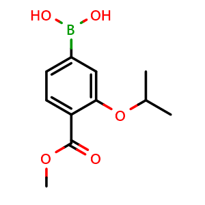 Chemical structure of (3-Isopropoxy-4-(methoxycarbonyl)phenyl)boronic acid , CAS 1016313-28-2, AChemBlock AD293682
