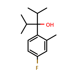 Chemical structure of 3-(4-fluoro-2-methylphenyl)-2,4-dimethylpentan-3-ol , CAS 1878127-78-6, AChemBlock AD293730