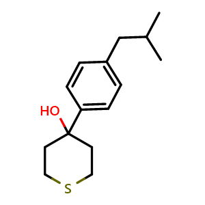 Chemical structure of Tetrahydro-4-[4-(2-methylpropyl)phenyl]-2H-thiopyran-4-ol , CAS 2254577-53-0, AChemBlock AD293756