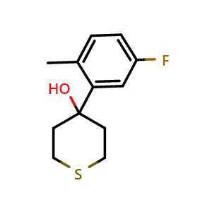 Chemical structure of 4-(5-Fluoro-2-methylphenyl)tetrahydro-2H-thiopyran-4-ol , CAS 2022896-10-0, AChemBlock AD293761
