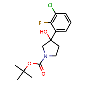 Chemical structure of tert-butyl 3-(3-chloro-2-fluorophenyl)-3-hydroxypyrrolidine-1-carboxylate , CAS 1092573-85-7, AChemBlock AD293814