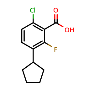 Chemical structure of 6-chloro-3-cyclopentyl-2-fluorobenzoic acid , CAS 2969460-84-0, AChemBlock AD293837