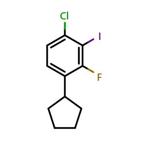 Chemical structure of 1-chloro-4-cyclopentyl-3-fluoro-2-iodobenzene , CAS 2969482-23-1, AChemBlock AD293840