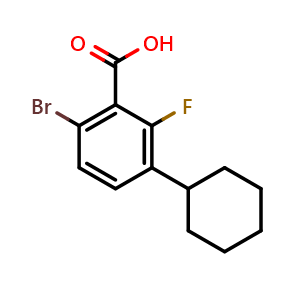 Chemical structure of 6-bromo-3-cyclohexyl-2-fluorobenzoic acid , CAS 2969403-34-5, AChemBlock AD293857