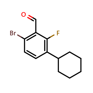Chemical structure of 6-bromo-3-cyclohexyl-2-fluorobenzaldehyde , CAS 2169512-69-8, AChemBlock AD293858