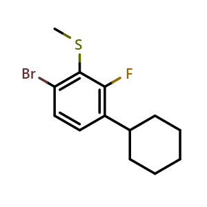 Chemical structure of (6-bromo-3-cyclohexyl-2-fluorophenyl)(methyl)sulfane , CAS 2969435-03-6, AChemBlock AD293859
