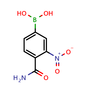 Chemical structure of (4-carbamoyl-3-nitrophenyl)boronic acid , CAS 102169-93-7, AChemBlock AD293866
