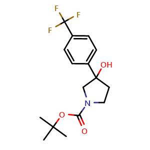 Chemical structure of tert-butyl 3-hydroxy-3-[4-(trifluoromethyl)phenyl]pyrrolidine-1-carboxylate , CAS 1823785-36-9, AChemBlock AD293868