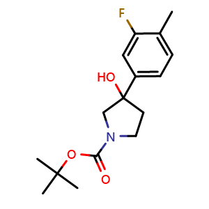 Chemical structure of 1,1-Dimethylethyl 3-(3-fluoro-4-methylphenyl)-3-hydroxy-1-pyrrolidinecarboxylate , CAS 1367434-40-9, AChemBlock AD293869
