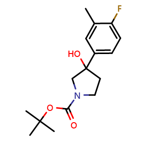 Chemical structure of 1,1-Dimethylethyl 3-(4-fluoro-3-methylphenyl)-3-hydroxy-1-pyrrolidinecarboxylate , CAS 1366911-35-4, AChemBlock AD293873