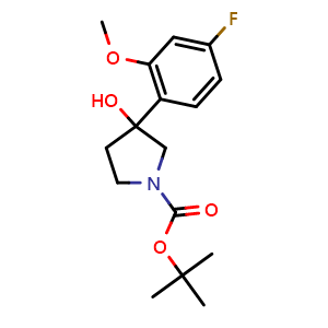 Chemical structure of 1,1-Dimethylethyl 3-(4-fluoro-2-methoxyphenyl)-3-hydroxy-1-pyrrolidinecarboxy... , CAS 1366909-93-4, AChemBlock AD293874