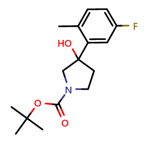 Chemical structure of 1,1-Dimethylethyl 3-(5-fluoro-2-methylphenyl)-3-hydroxy-1-pyrrolidinecarboxylate , CAS 1366892-18-3, AChemBlock AD293875