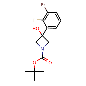 Chemical structure of tert-butyl 3-(3-bromo-2-fluorophenyl)-3-hydroxyazetidine-1-carboxylate , CAS 1695236-49-7, AChemBlock AD293899