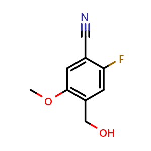 Chemical structure of 2-fluoro-4-(hydroxymethyl)-5-methoxybenzonitrile , CAS 2090797-25-2, AChemBlock AD293928