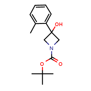 Chemical structure of 1,1-Dimethylethyl 3-hydroxy-3-(2-methylphenyl)-1-azetidinecarboxylate , CAS 1225439-73-5, AChemBlock AD293949
