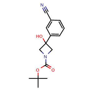 Chemical structure of 1,1-Dimethylethyl 3-(3-cyanophenyl)-3-hydroxy-1-azetidinecarboxylate , CAS 2387355-16-8, AChemBlock AD293950